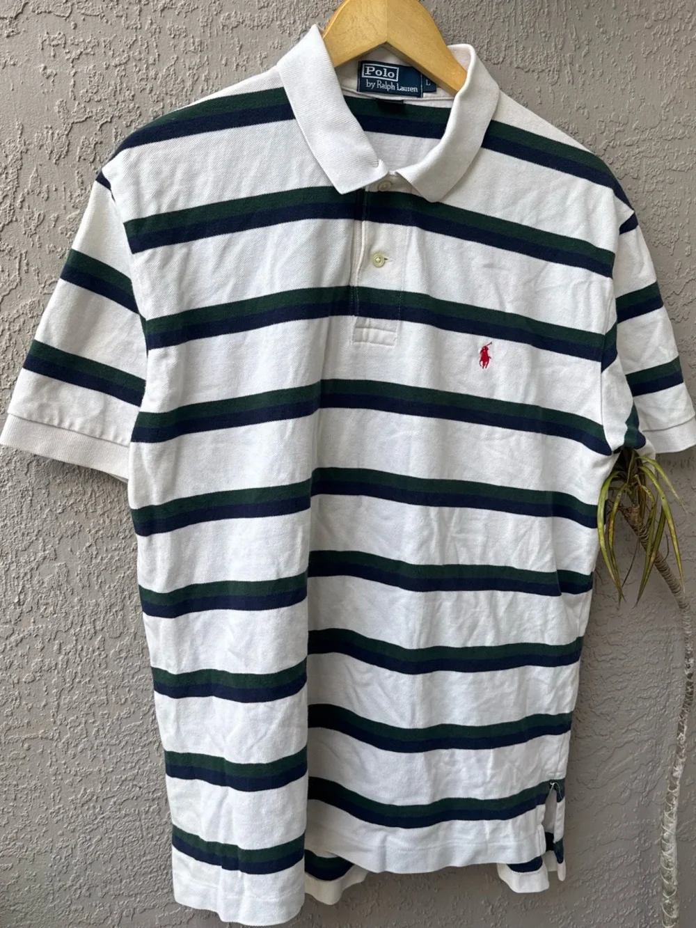 Ralph Lauren White Polo with Green & Navy Stripes and Red Pony